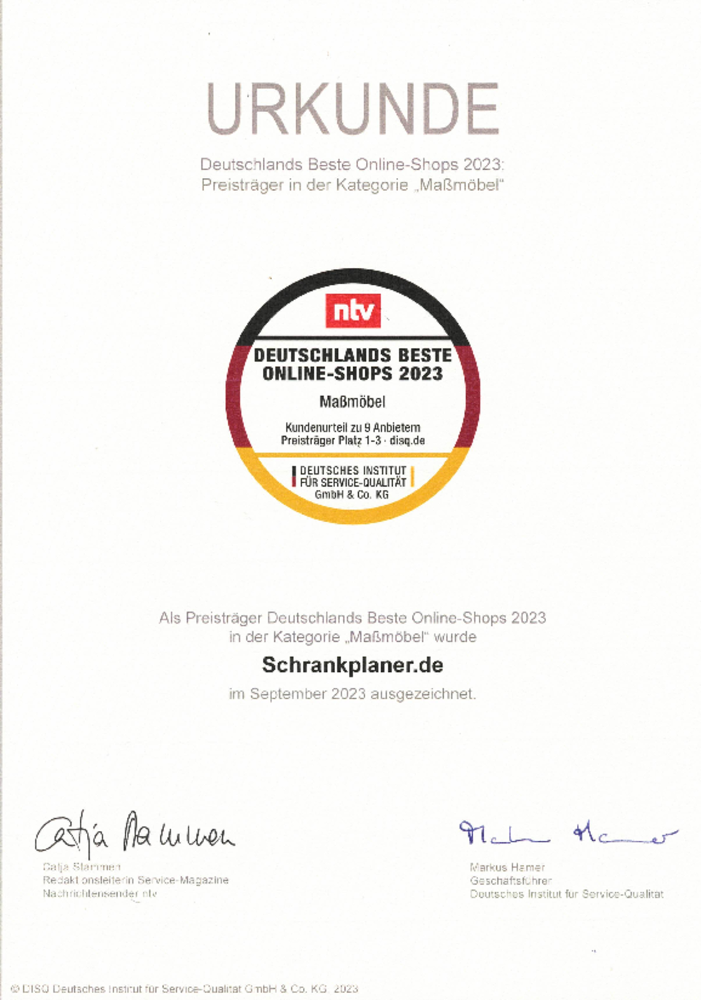 Urkunde NTV - Beste Online Shops 2023